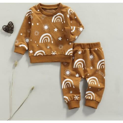 0-24M Autumn Fashion Toddler Baby Girls Boys Clothes Sets Rainbow Long Sleeve Pullover Tops Pants Casual 2PCS Outfit