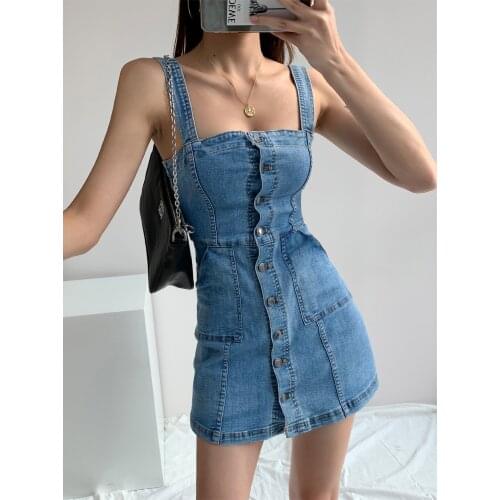 2021 Retro denim dress thin suspender sexy waist sling bag hip dress LYQ1275