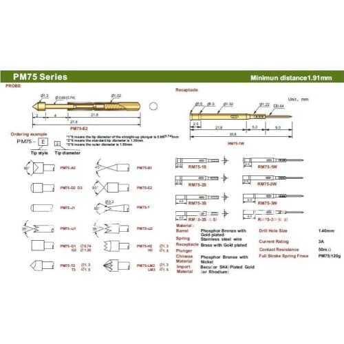 FREE SHIPPING 100PCS/LOT PM75-G2 27.8MM TWO PART SPRING TEST PROBES POGO PIN FOR PCB