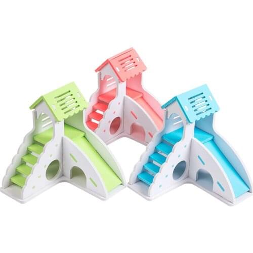 Pink Blue Green Hamster Wooden Slide Hideout House Double Layer Chinchilla Guinea Pig Climbing Playing Ladder Small Pet Supplies