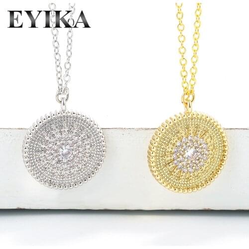 EYIKA Fashion Gold Silver Color Round Big Pendant Necklace for Women Pave White Zircon Sun Shape Collares De Moda CZ Jewelry