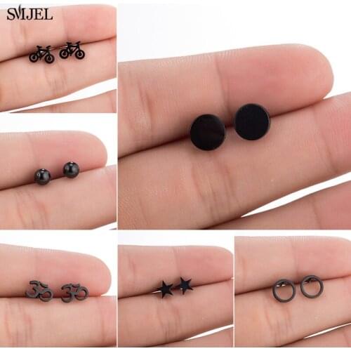 Unisex Stainless Steel Round Earrings for Women Men 2021 Trend Simple Black Circle Ear Studs Punk Jewelry Gift Dropshipping