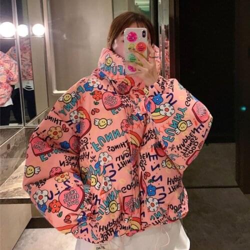 Women Winter Coat Middle-long Section Outerwear Cotton Padded Warm Jacket Outwear Casual Stand Collar Print Female Clothes X52