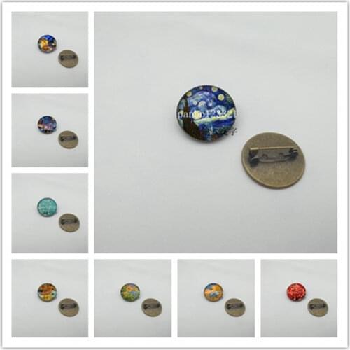 Fashion Bronze Silver Simple Style Brooch Van Gogh Famous Artist Starry Night Brooch Glass Cabochon Jewelry Ladies Gift