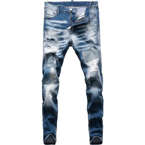 European Street Style Fashion Men Jeans Retro Blue Slim Fit Destroyed Ripped Jeans Men Patches Designer Hip Hop Denim Punk Pants