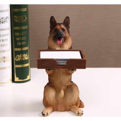Desktop Wolfhound Figurine Business Card Case Decorative Resin German Shepherd Dog Statue Stationey Organizer Craft Accessories