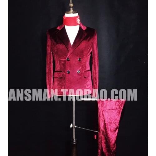 New Fashion Man Stars Wine Red Velvet Double-breasted Slim Suit Costumes suit Nightclubs Male singer DJ Stage dress wear