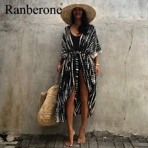 Ranberone Bohemian Beach Blouse Tie-Dye Pattern Printed Sunscreen Cardigan Holiday Dress Bikini Cover Up Bathing Suit Beachwear
