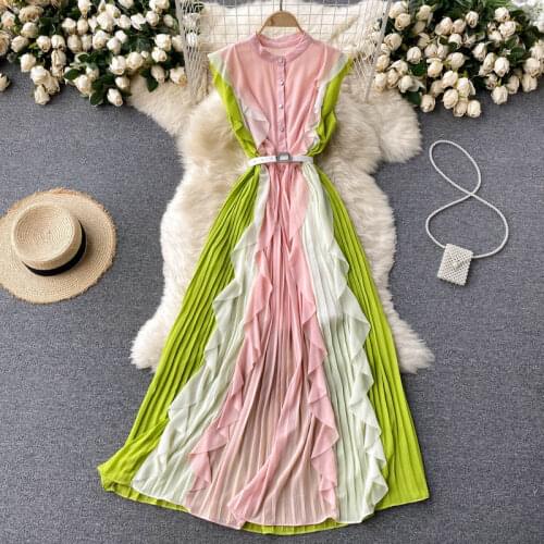 Chiffon Summer Dress Female 2021 New Design Sense Color Matching Ruffled Slim Pleated Bohemian Long Holiday Dress Female aq1064