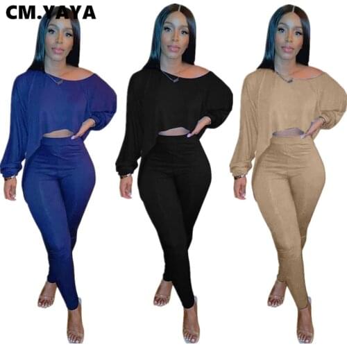 CM.YAYA Activewear Two 2 Piece Set for Women Fall Winter Fitness Outfits Off Shoulder Crop Top + Legging Pants Set Tracksuit
