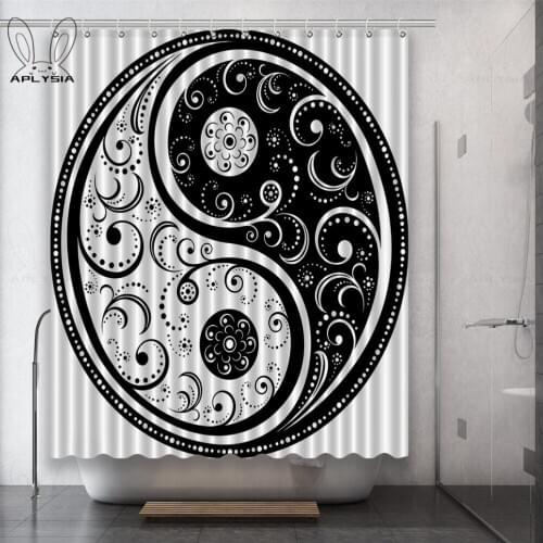 Taiji Yin-Yang Tree Sunlight Black and White Fish Cat Lotus Polyester Fabric Shower Curtain for Bathroom