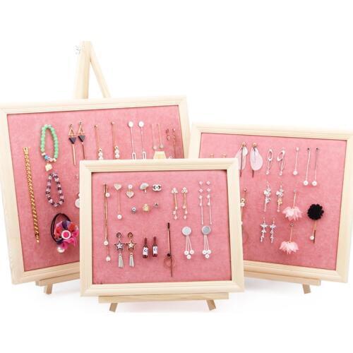 TONVIC Pink Velvet / Beige Linen With Wood Fram Shape For Jewelry Storage Necklace Earring Display Stand Holder 26.5x31.5
