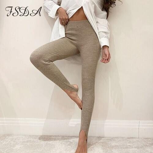 FSDA High Waist Knitted Pants Women Khaki 2021 Autumn Winter Casual Leggings Skinny Sexy Sport Sweatpants Solid Trousers