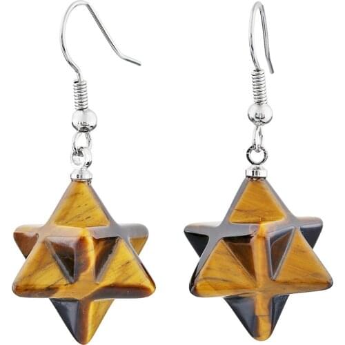 TUMBEELLUWA Tigers Eye Stone Merkaba Star Dangle Drop Hook Earrings Healing Reiki Jewelry