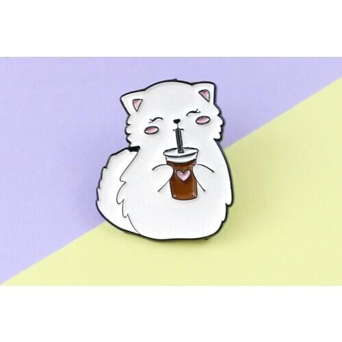 Cute Tail Smile White Cat Drinking Cola Brooches For Women Clothes Coat Bag Denim Pins Badge Animals Jewelry Kids Gifts