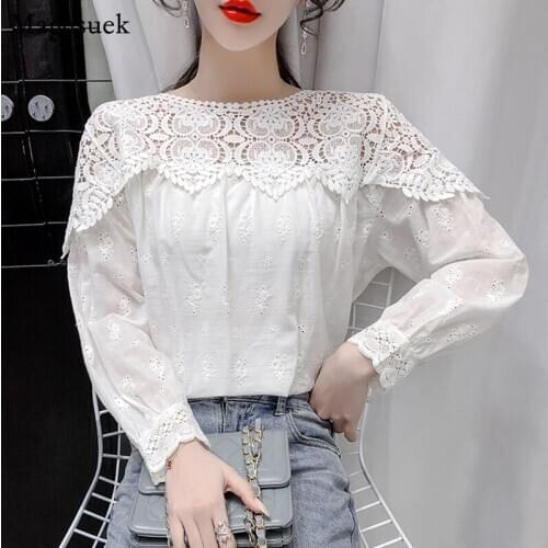 Plus Size Cotton White Blouse Women Spring New Vintage Hollow Lace Shirts Tops Female Casual Office Womens Blouses Blusas 13293