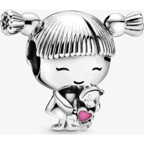 Fits Pandora Bracelet 925 Sterling Silver Girl with Pigtails Charms Beads for Women DIY Jewelry Making Berloques