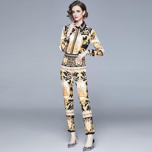 Fashion Runway Pants Suit Sets Womens Long Sleeve Floral Print Blouses Tops Casual Pants Two Pieces Set Vintage Outfits