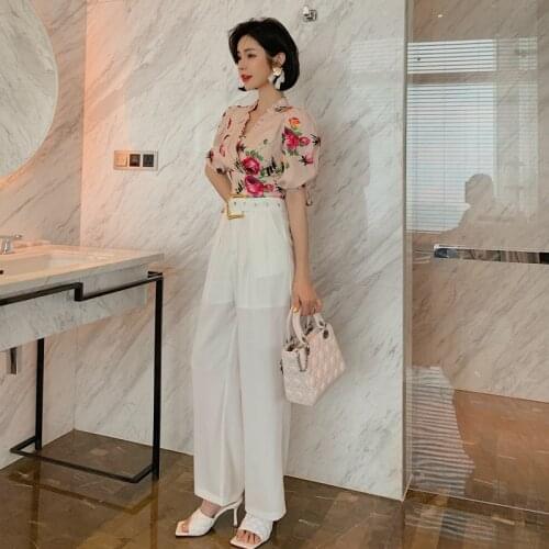 New arrival fashion sets for women summer elegant vintage print office lady sweet puff sleeve top and long pants two piece sets