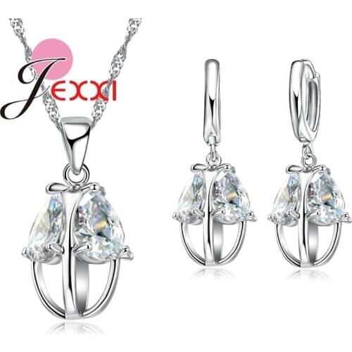 Female Bridal Wedding Jewelry Sets 925 Sterling Silver Cubic Zirconia Water Drop Shape Pendant Necklace Earrings