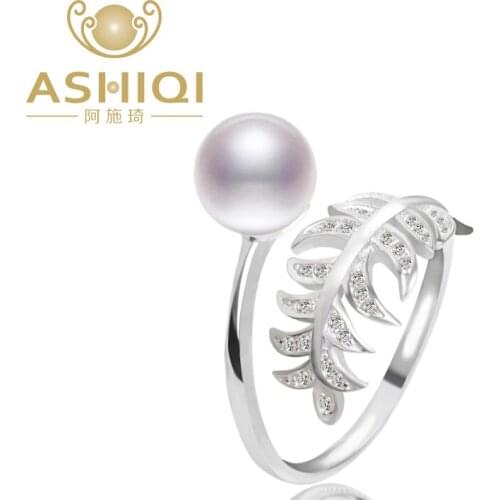 ASHIQI 925 Sterling Silver Feather Rings with Natural Freshwater Pearl adjustable Open Finger Jewelry for women Fine Gift