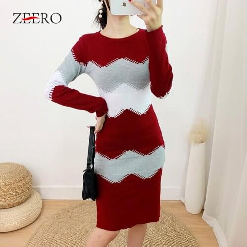 2020 Autumn korean Women striped Long Sleeve Knitted Sweater Dress Elegant Female Casual sexy Bodycon Mini Winter Dresses