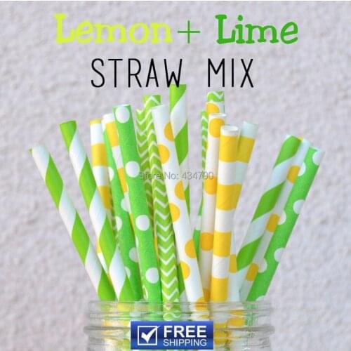 250pcs Mixed 5 Designs Lemon and Lime Decorative Paper Straws, Yellow, Lime Green Chevron, Striped, Polka Dot, Sailor Stripe