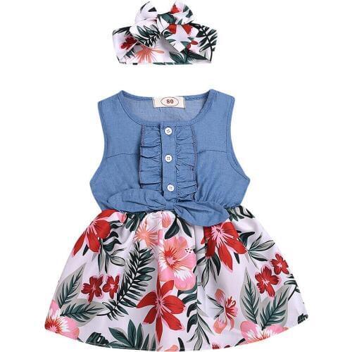 Kids Baby Girls Sleeveless Floral Dress Headband Summer Toddler Button Stitching Sundress