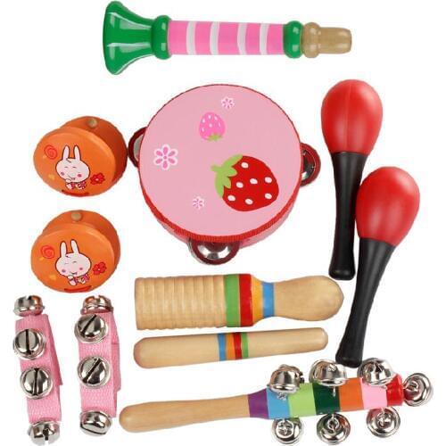 IRIN 10pcs/set Orff Musical Instruments Sets Toys Rhythm Kit Kids Including Tambourine Maracas Castanets Handbells for Children
