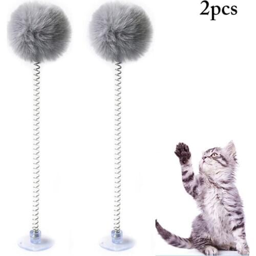 Kapmore 2Pcs/Set Cat Teaser Wand Plush Ball Bell Decor Spring Suction Cup Cat Wand Cat Interactive Toy Pet Supplies