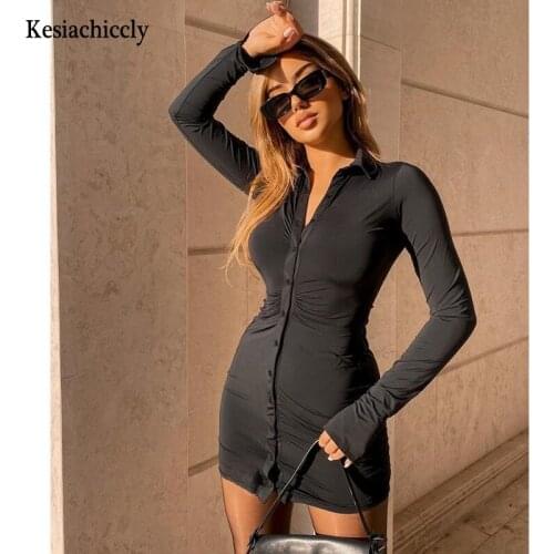 Kesiachiccly Turn-Down Collar Party Dresses Women Button Short V-Neck Skinny Summer Sexy Dresses Mini Slim Women Streetwear