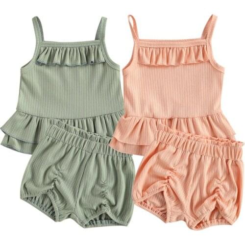 FOCUSNORM Newborn Baby Girls Clothes Sets Solid Ruffles Strapless Vest Tops Elastic Shorts 2pcs Summer Outfits