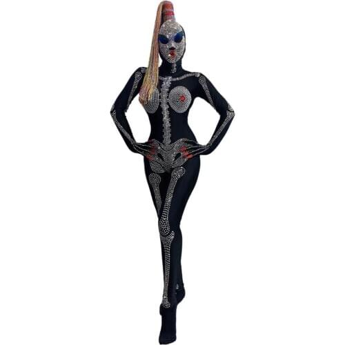 Celebrate Halloween Costumes Womens Shining Rhinestone Bodycon Jumpsuits Nightclub Dancer Performance Clothing Festival Outfits