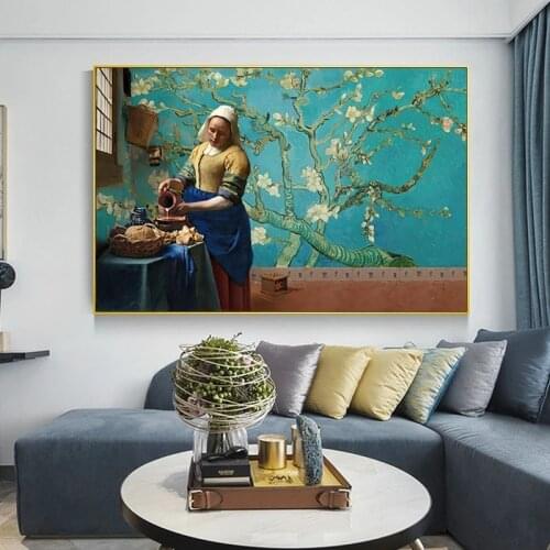 Almond Blossom Flowers Oil Paintings on Canvas The Milkmaid Wall Art Posters and Prints Pictures for Modern Living Room Decor