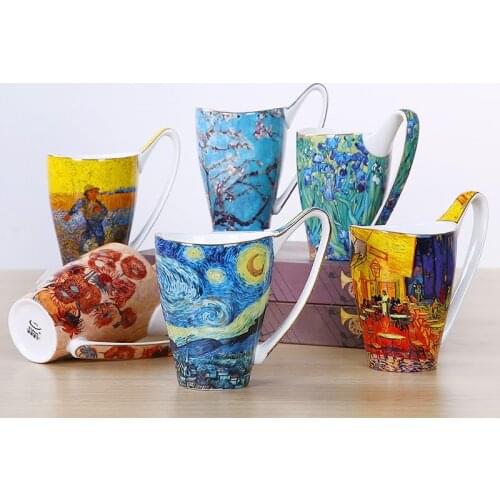 Van gogh coffee cups set Hand drawn starry sky sunflower mugs coffee cups High quality bone china tea mug Large capacity 500ML