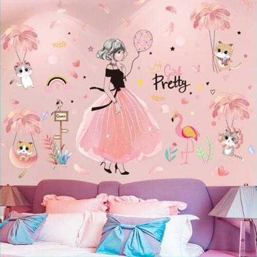 [shijuekongjian] Cats Feathers Wall Stickers DIY Cartoon Girl Wall Decals for Kids Room Baby Bedroom Nursery Home Decoration