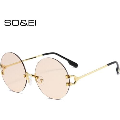 SO&EI Round Rimless Sunglasses Women Brand Designer Vintage Clear Ocean Lens Eyewear Ins Popular Fashion Men Shades Sun Glasses