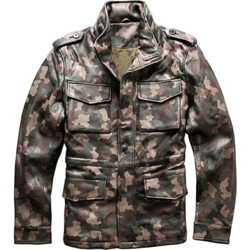 Hunting Camouflage Genuine Leather Jacket Mens Sheepskin Multi-Pocket Casual Leather Jacket Outdoor Sports Jacket