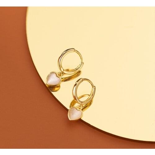 Real. 925 Sterling Silver Fine jewelry white/gold cats eye Opal Heart ear hoop huggie earrings C-G9423