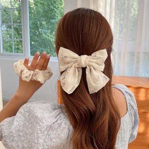 Luxury Sweet Flowers Bow Streamers Hair Ring Knotted Scrunchie Women Ponytail Hair Ties Printing Rubber Band Hair Accessories