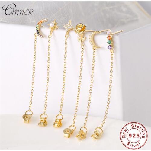CANNER Rainbow CZ Long Chain Drop Earrings Gold Moon Star Rose Flower Statement Dangle Earrings 925 Sterling Silver Jewelry 1Pcs