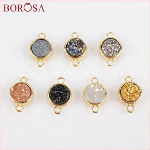 BOROSA Drusy Connector for Jewelry Making Gold Color Bezel Round Rainbow Titanium Druzy Connector With Double Bails ZG0152