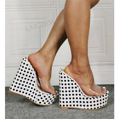 BERZIMER Women Pumps Platform Wedges Ploka Dots Clear PVC Mules Patchwork Sandals Female Shoes Woman Large Size 40 42 46 49 52