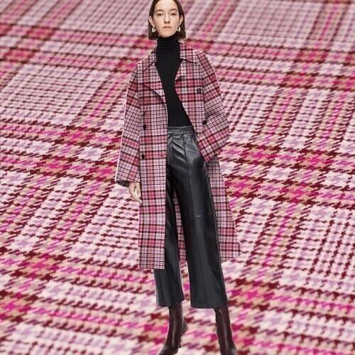 Red Raspberry Pink Houndstooth Tweed Wollen 100%Wool Fabrics Materials Women Jacket Overcoat Sewing Cloth Tailor Freeshipping