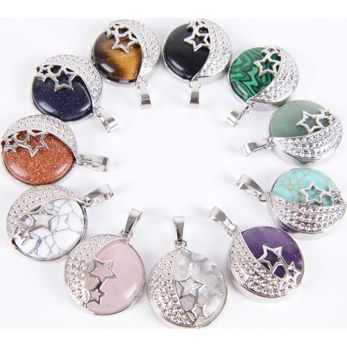 Reiki Chakra Yoga Semi Precious Natural Stone Pendant Rose Crystal Necklace Female Jewelry Love Moon Stars Back Hollow D056A