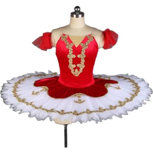 All For Dance Red Velvet Gold Trim White Tulle Pre-professional Pancake Ballet Tutu For Ballerina Performance Dance Wear