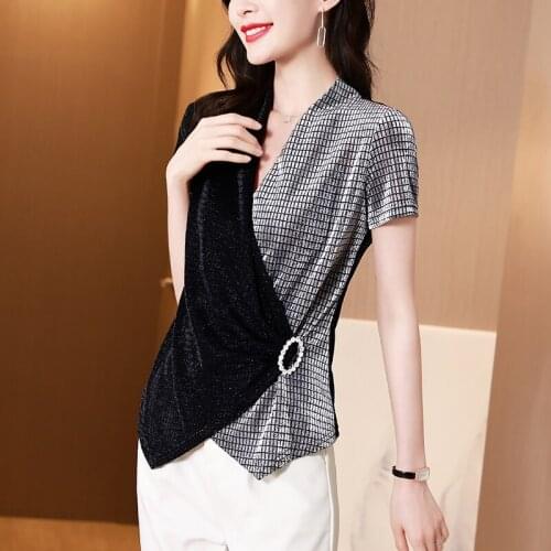 Korean style chiffon shirt womens blouse womens short-sleeved contrast color blouse womens blouse bright silk blouse