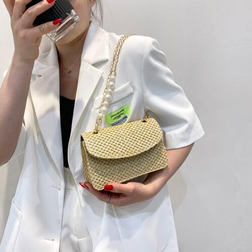 New Women Straw Woven Pure Color Shoulder Crossbody Small Female Bag Casual Ladies Summer Beach Vacation Pearl Chain Handbags