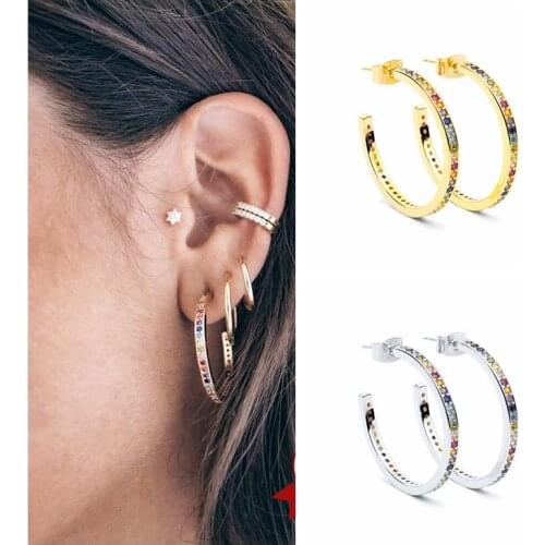 925 Sterling Silver Rainbow Crystal Stud Earrings for Women Gold Color Simple Geometry Semicircle CZ Earrings Fashion Jewelry