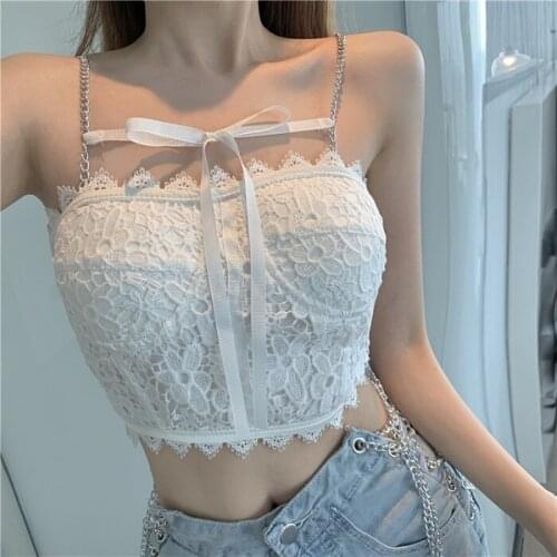 Camisole Women Summer 2021 New Temperament Sexy Chain Bow Splice Lace Crop Top Sleeveless Backless Bodycon Vest Tops